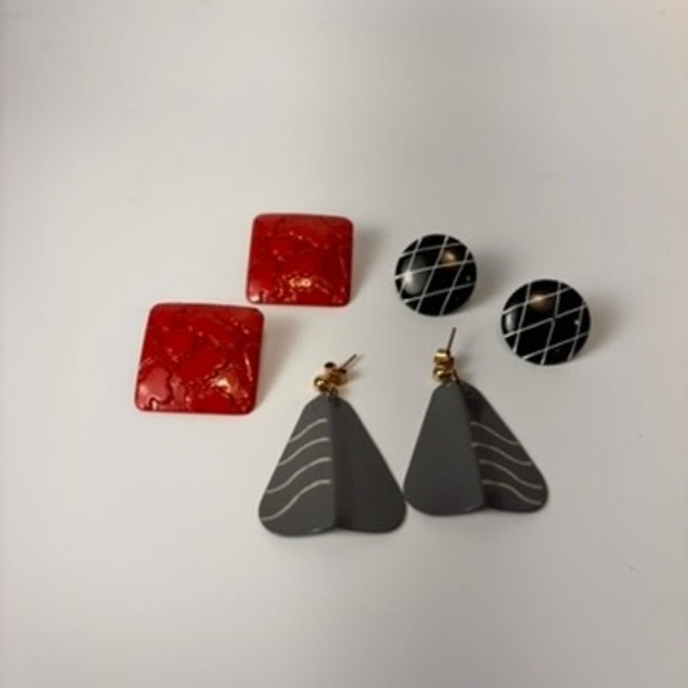 Vintage Earring Lot Red Square Black Grid Grey Dangle Geometric 80s Statement